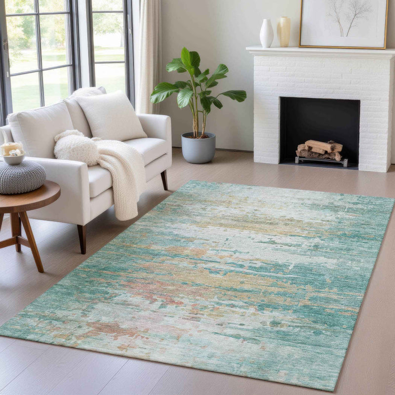 3' X 5' Teal Blue And Beige Abstract Washable Indoor Outdoor Area Rug