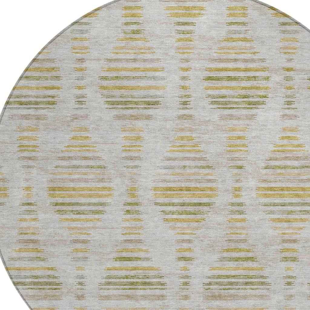 8' Ivory And Gold Round Striped Washable Indoor Outdoor Area Rug