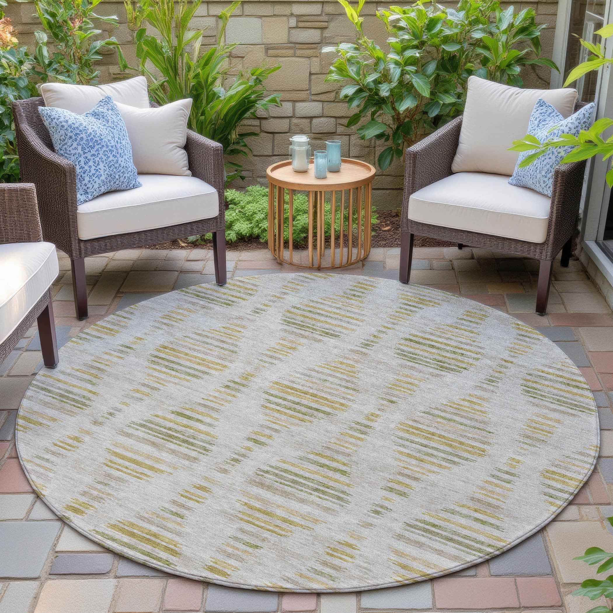 8' Ivory And Gold Round Striped Washable Indoor Outdoor Area Rug