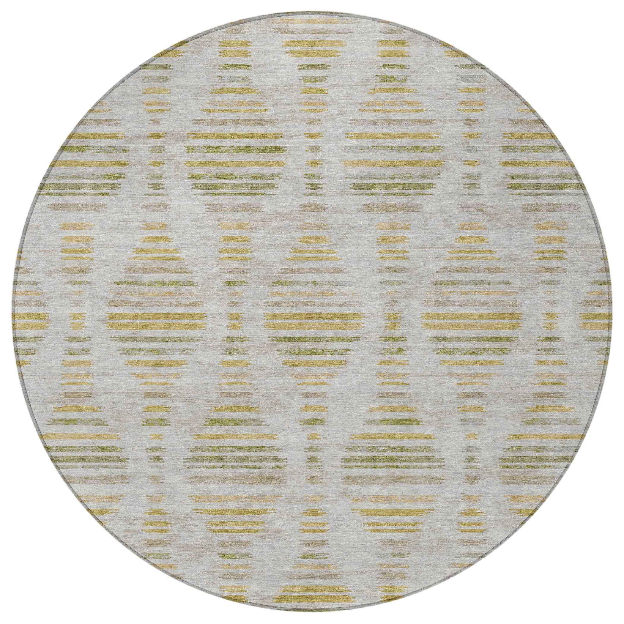 8' Ivory And Gold Round Striped Washable Indoor Outdoor Area Rug