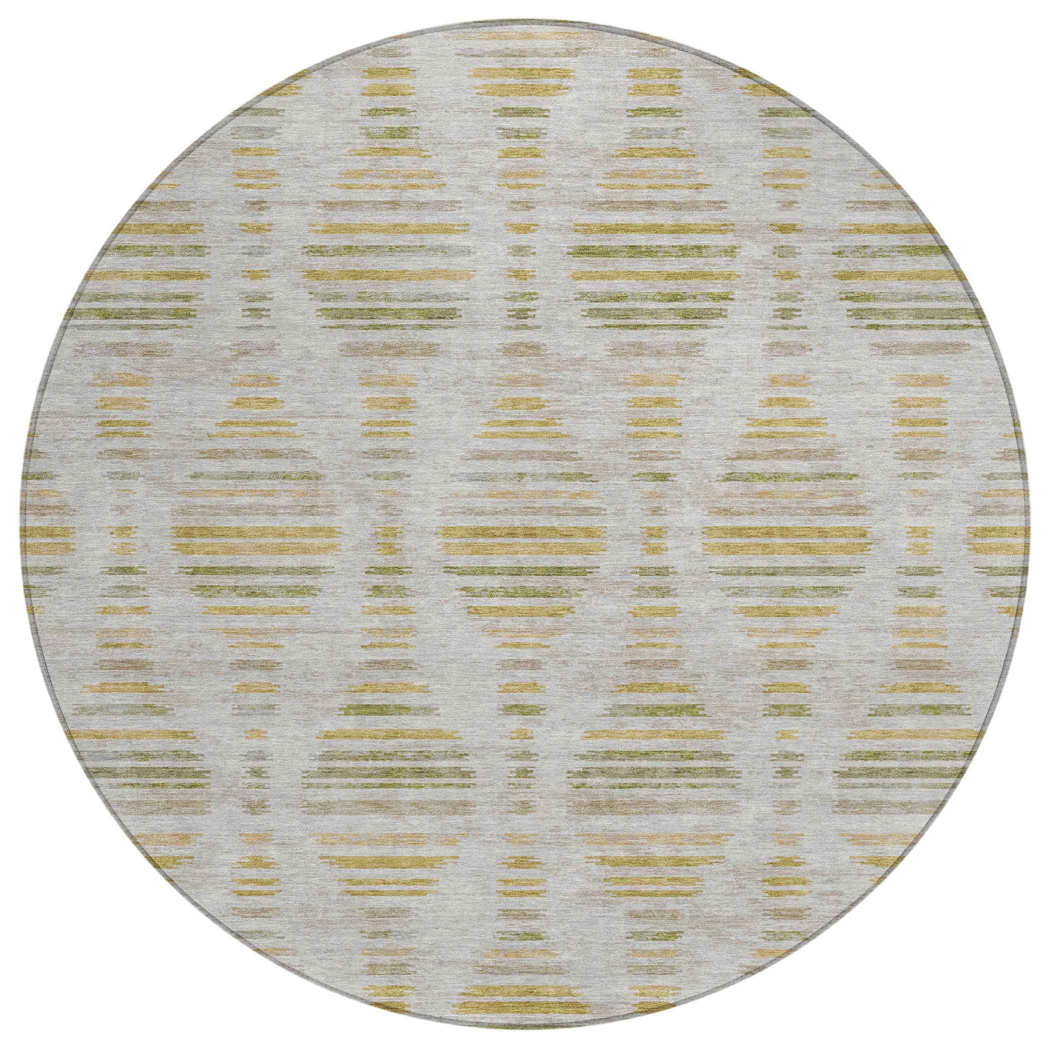 8' Ivory And Gold Round Striped Washable Indoor Outdoor Area Rug