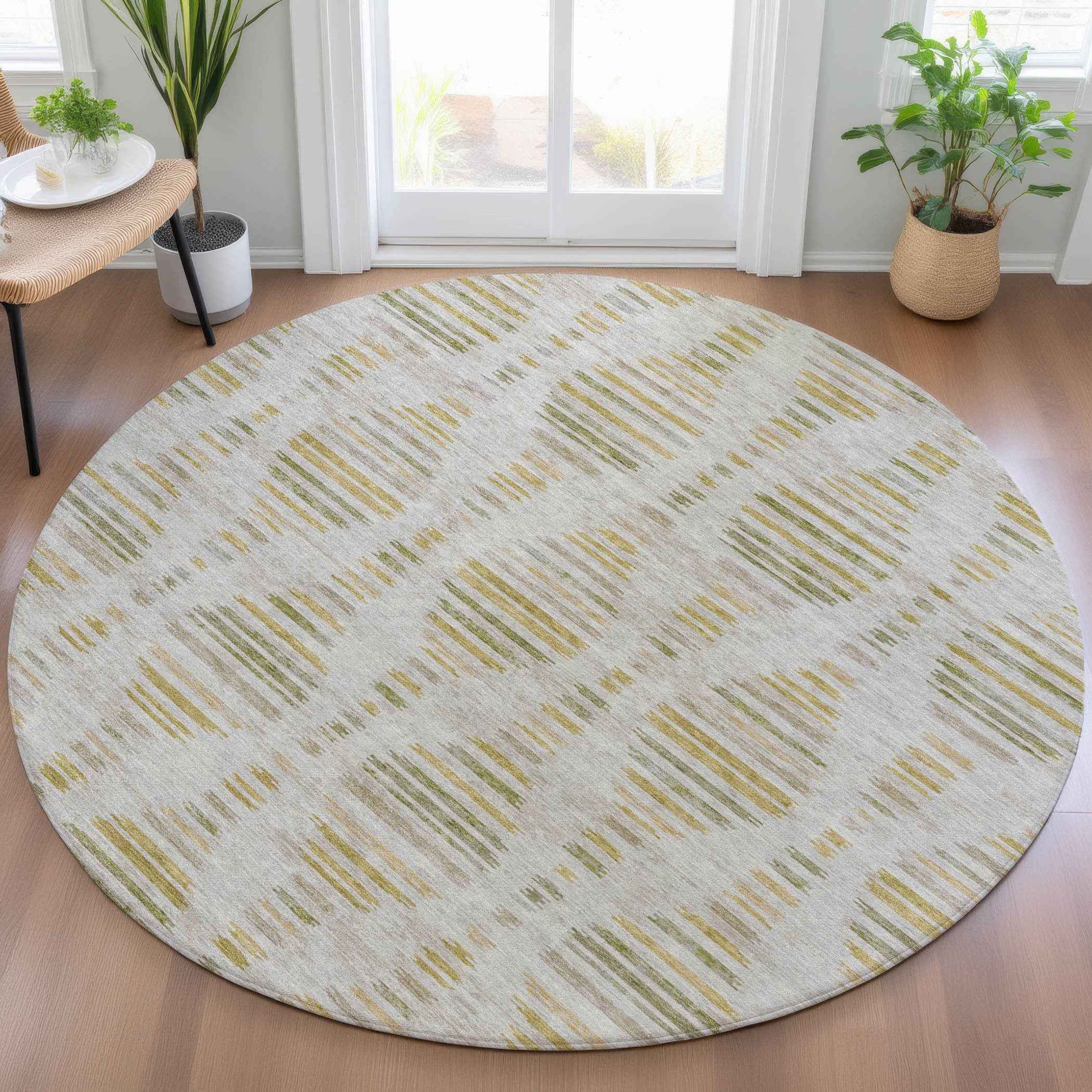 8' Ivory And Gold Round Striped Washable Indoor Outdoor Area Rug