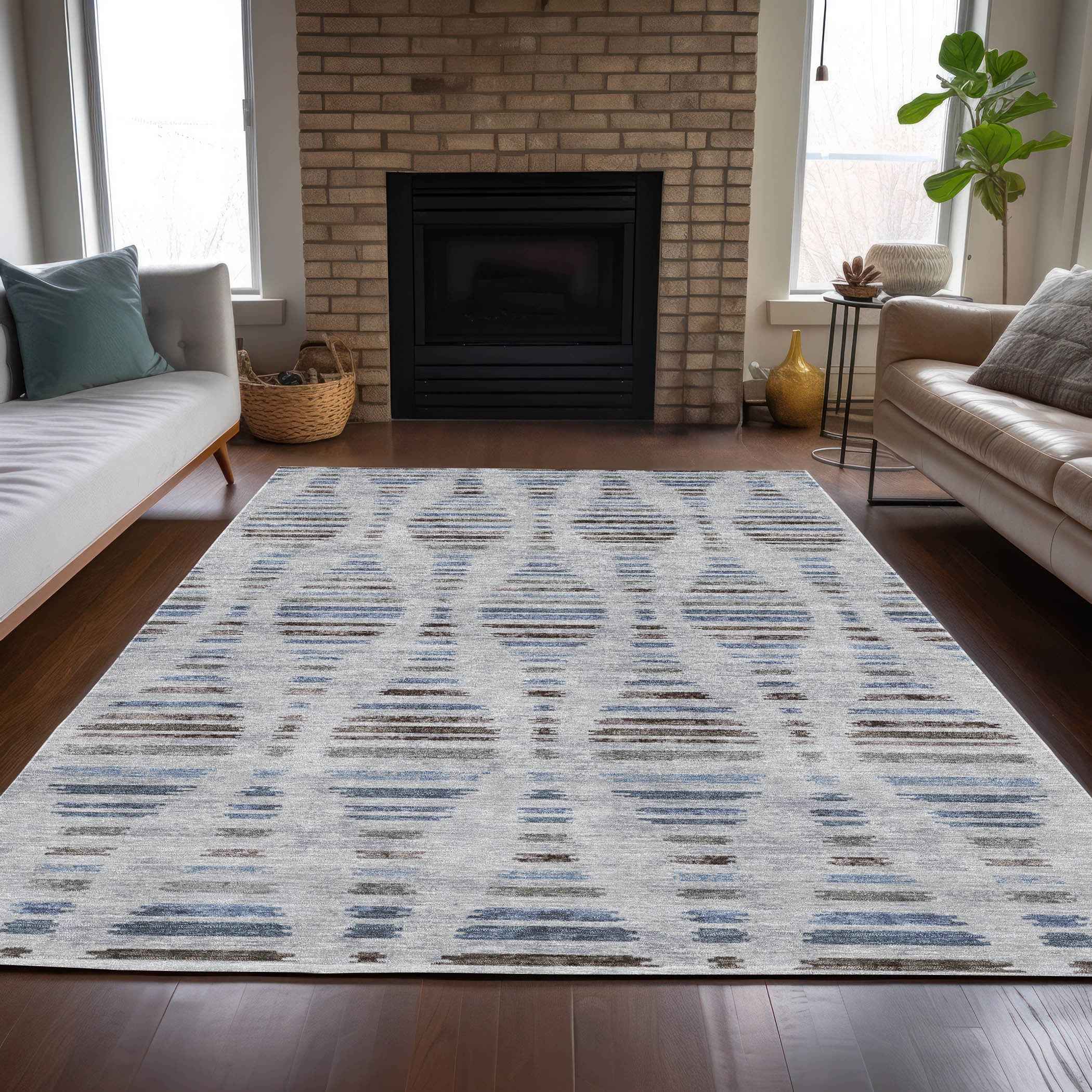 9' X 12' Beige And Denim Blue Striped Washable Indoor Outdoor Area Rug
