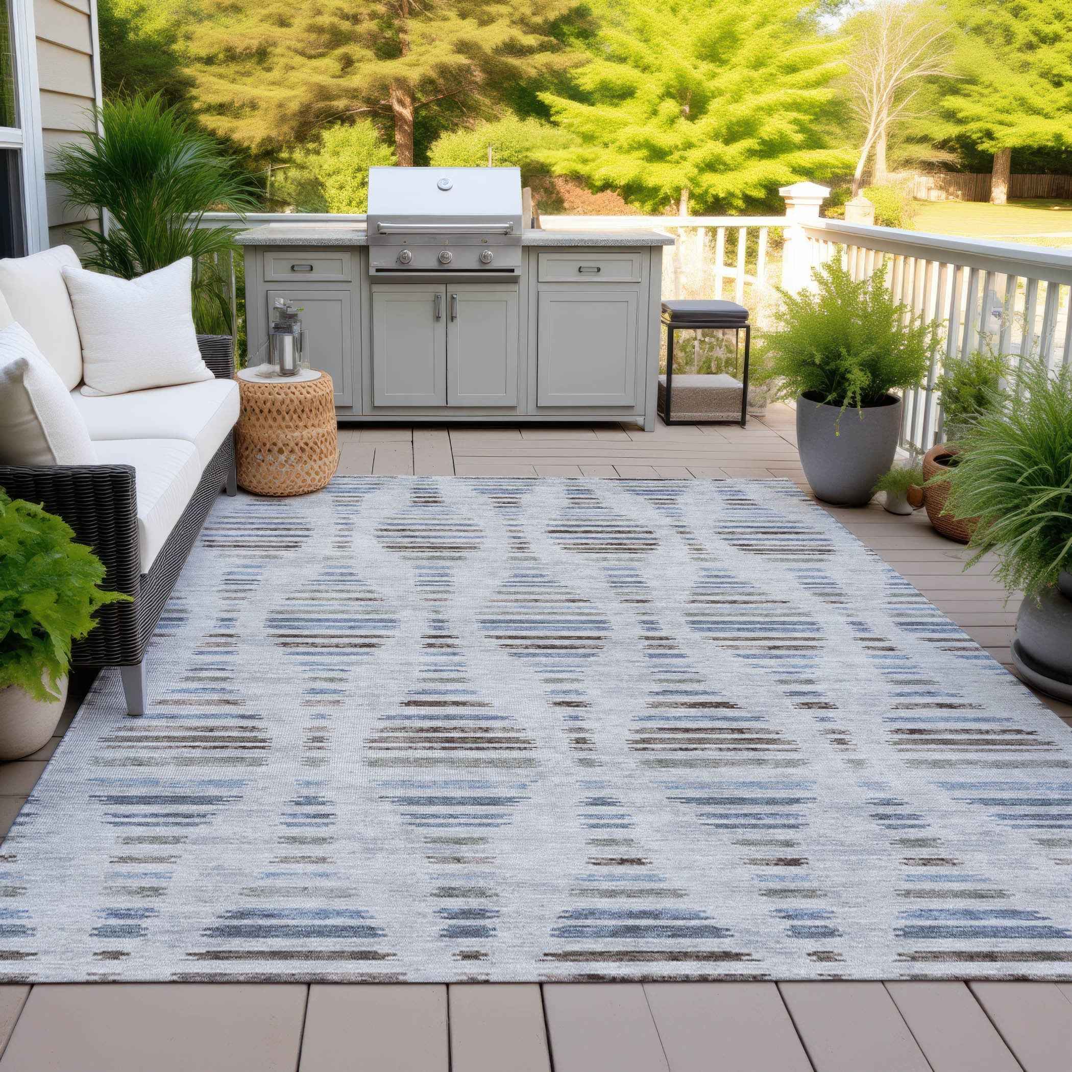 9' X 12' Beige And Denim Blue Striped Washable Indoor Outdoor Area Rug