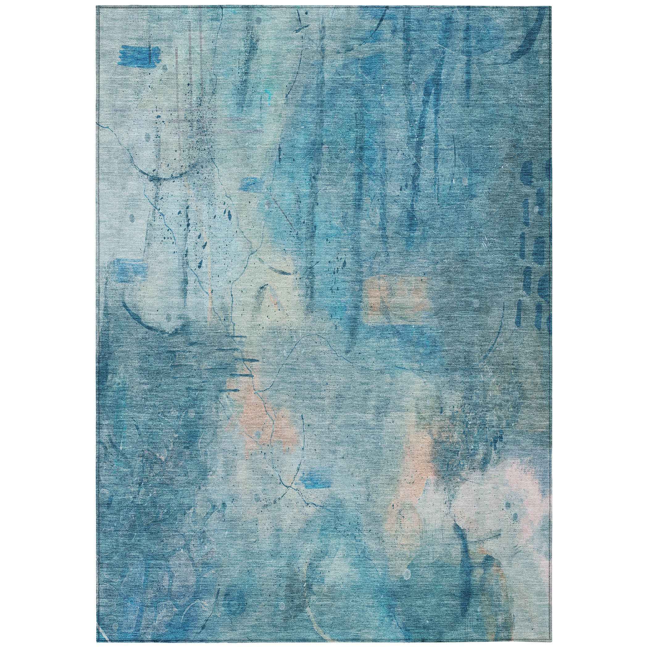 5' X 8' Blue And Beige Abstract Washable Indoor Outdoor Area Rug