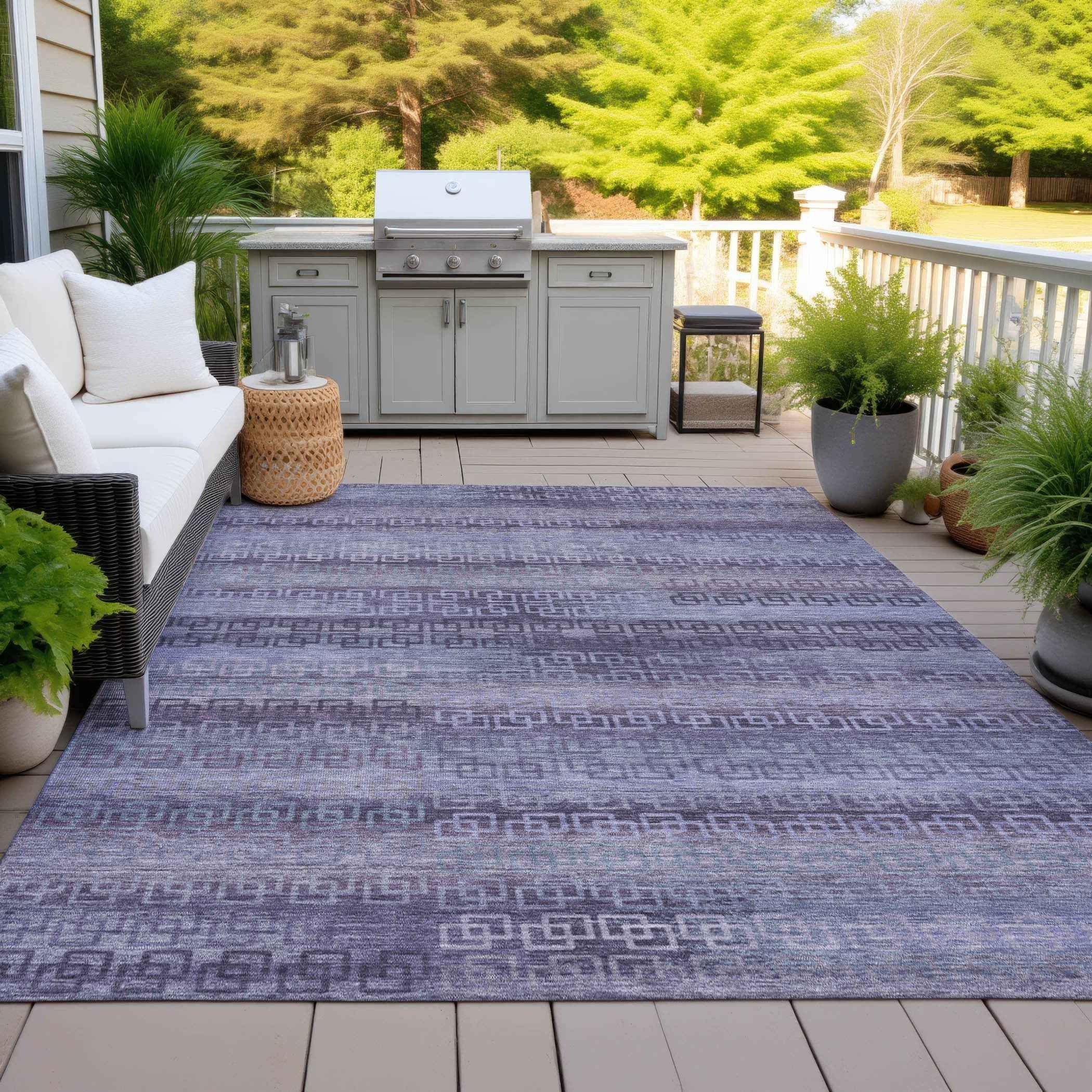 10' X 14' Plum And Lavender Striped Washable Indoor Outdoor Area Rug