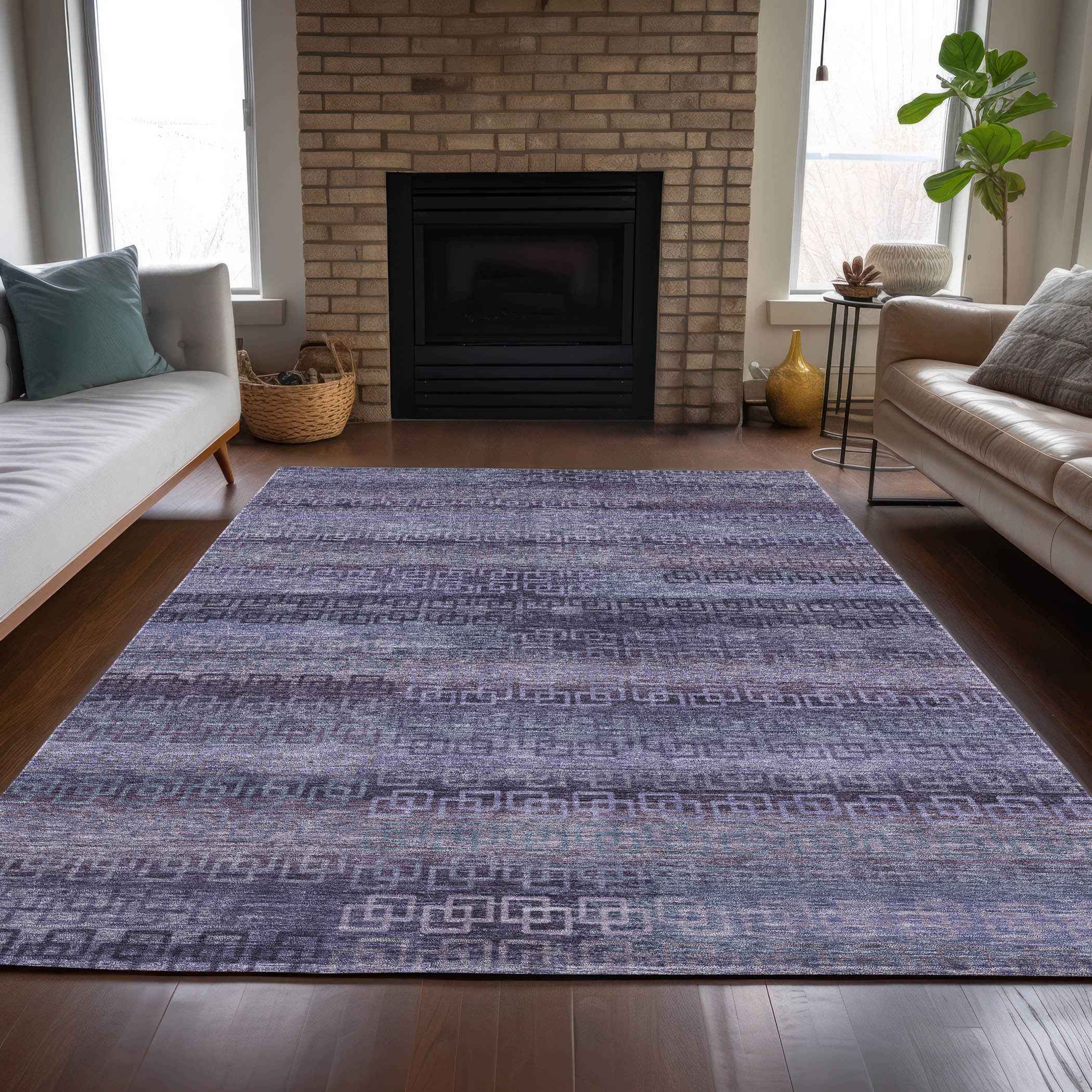 10' X 14' Plum And Lavender Striped Washable Indoor Outdoor Area Rug