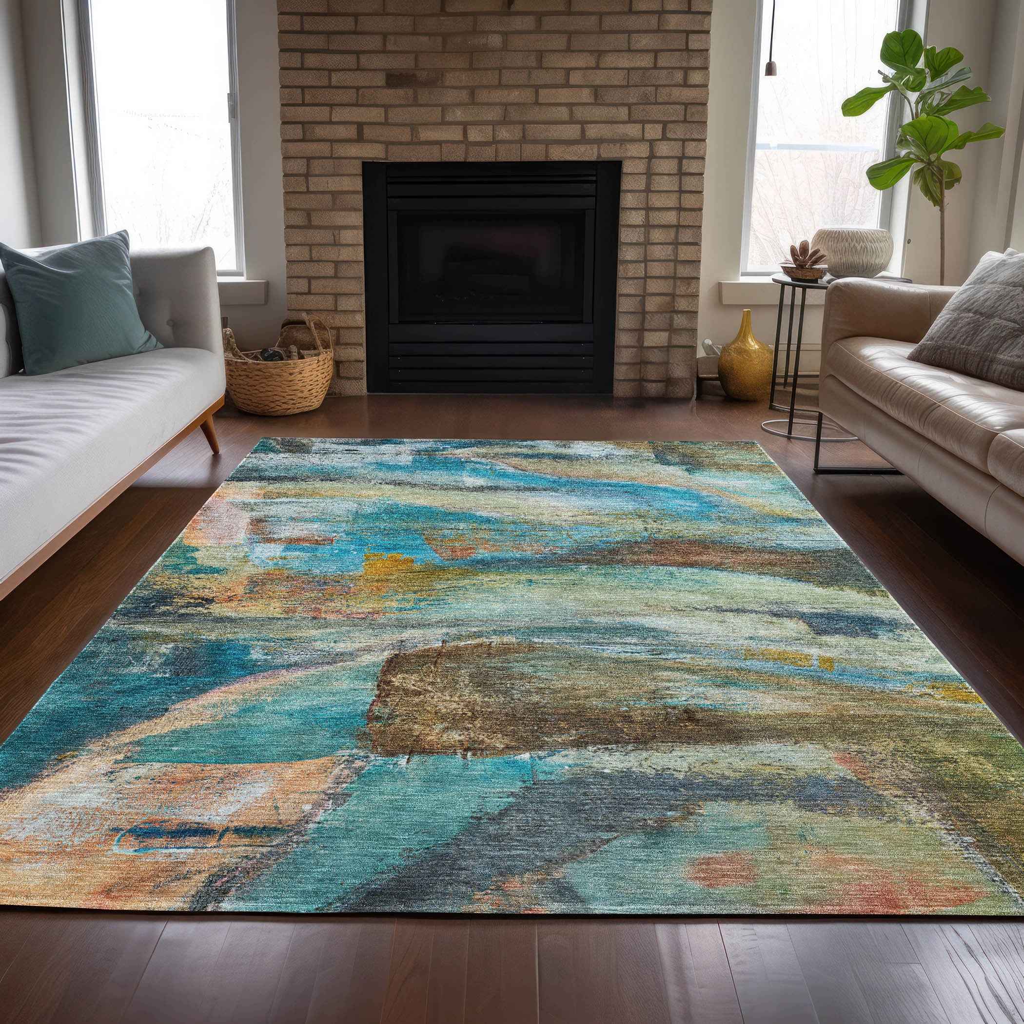 5' X 8' Teal Blue Copper And Beige Abstract Washable Indoor Outdoor Area Rug