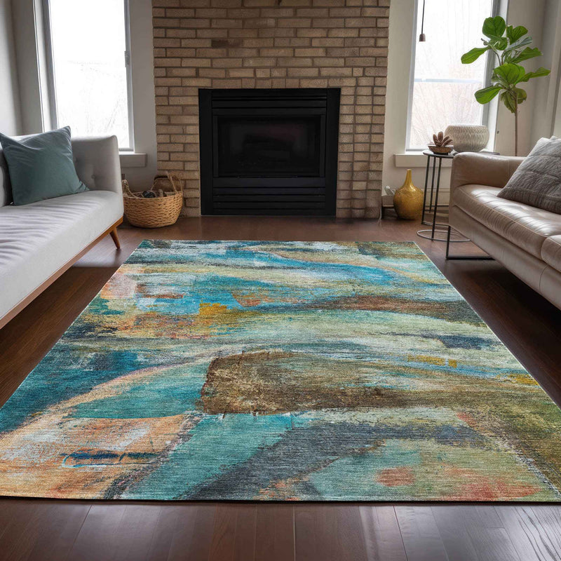 5' X 8' Teal Blue Copper And Beige Abstract Washable Indoor Outdoor Area Rug
