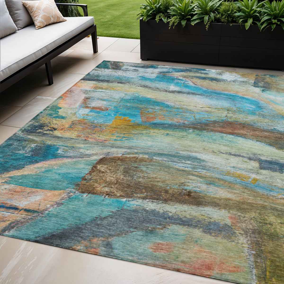 5' X 8' Teal Blue Copper And Beige Abstract Washable Indoor Outdoor Area Rug