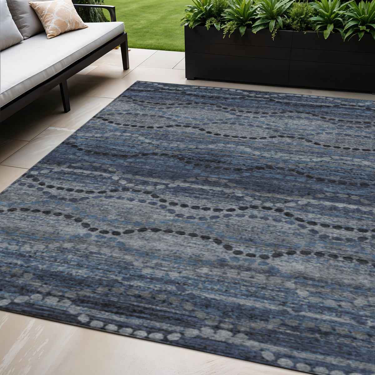 5' X 8' Navy Blue And Gray Ogee Washable Indoor Outdoor Area Rug