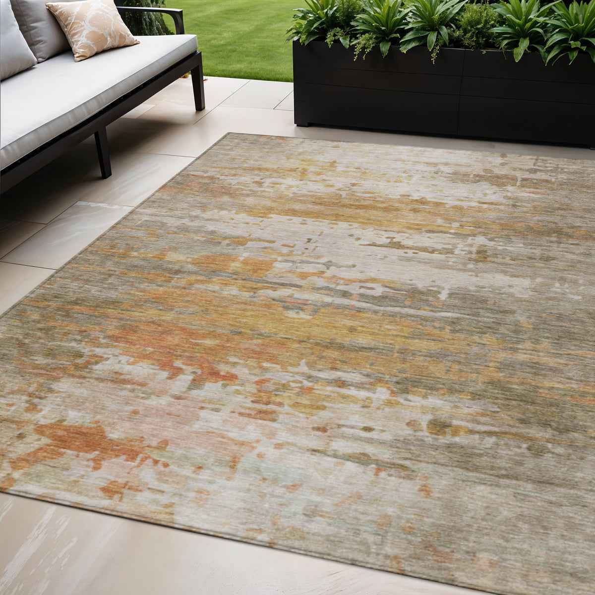 5' X 8' Khaki And Beige Abstract Washable Indoor Outdoor Area Rug