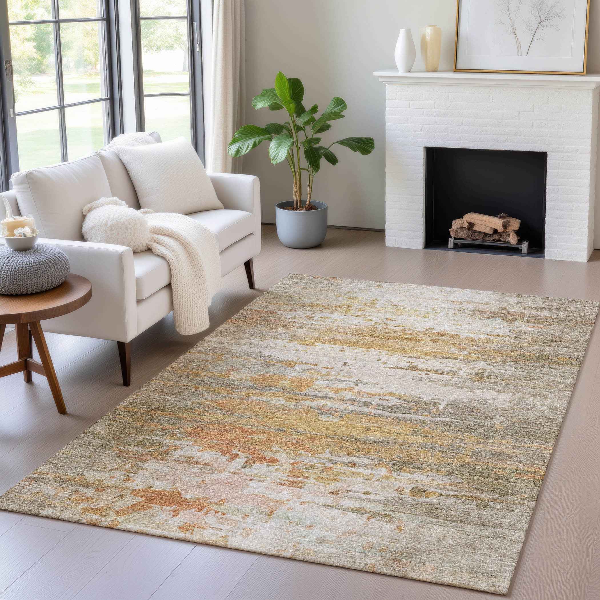 5' X 8' Khaki And Beige Abstract Washable Indoor Outdoor Area Rug
