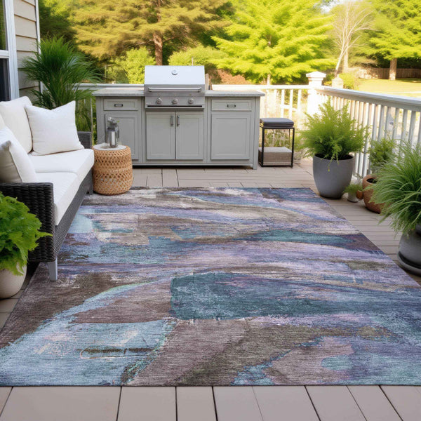 3' X 5' Brown Purple And Teal Blue Abstract Washable Indoor Outdoor Area Rug