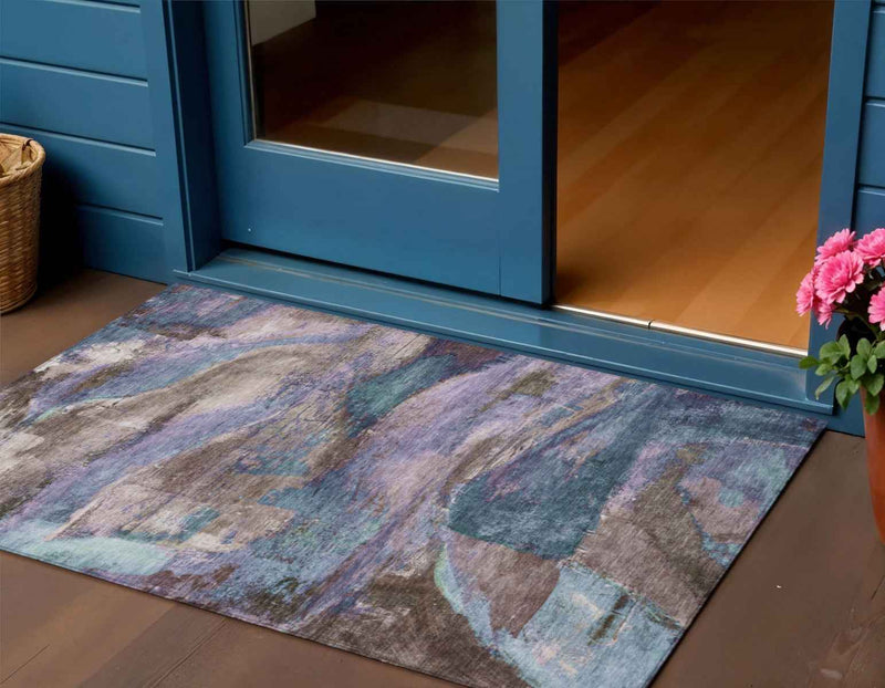 3' X 5' Brown Purple And Teal Blue Abstract Washable Indoor Outdoor Area Rug