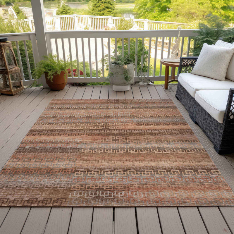 8' X 10' Copper And Peach Striped Washable Indoor Outdoor Area Rug