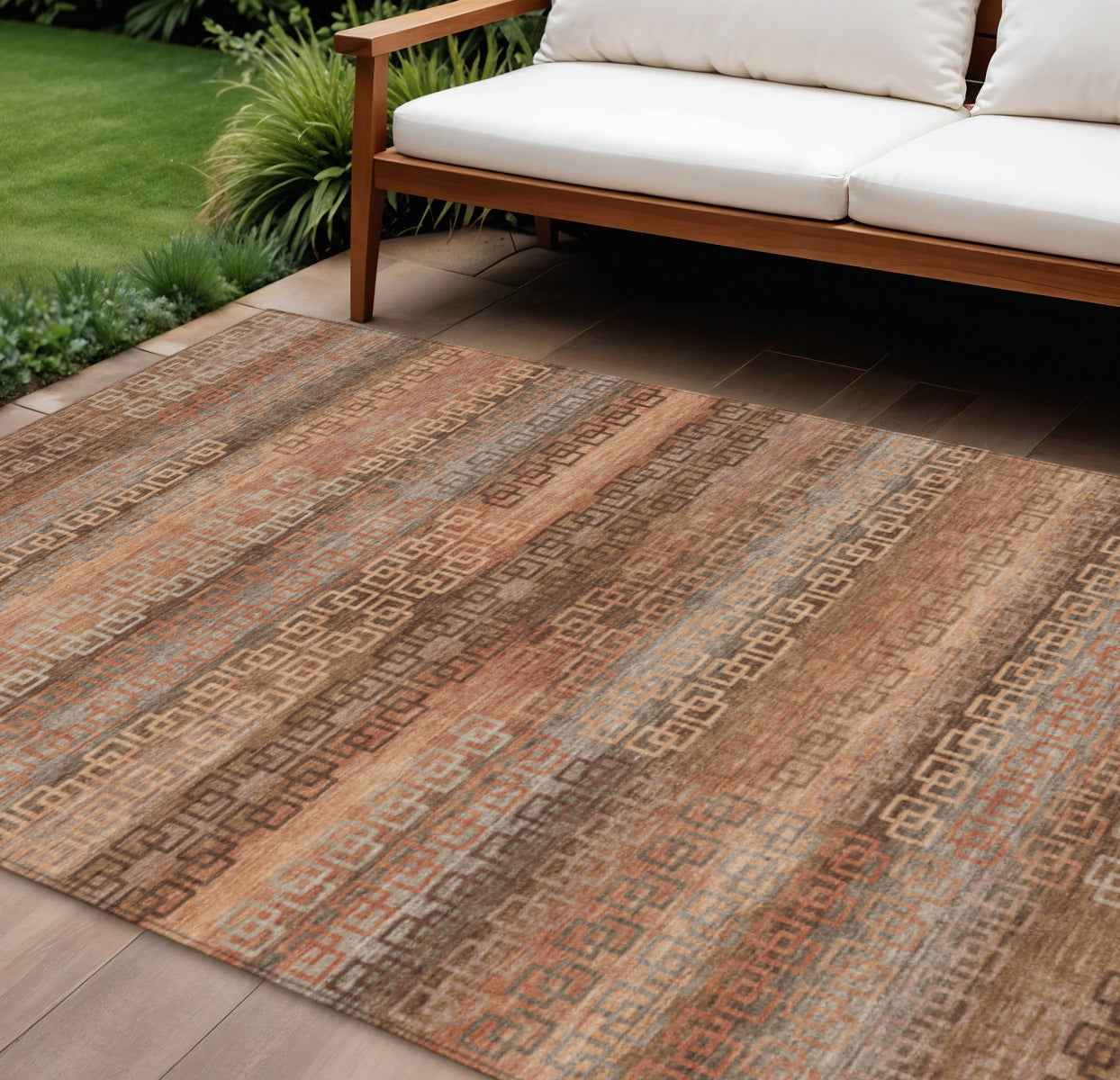 8' X 10' Copper And Peach Striped Washable Indoor Outdoor Area Rug