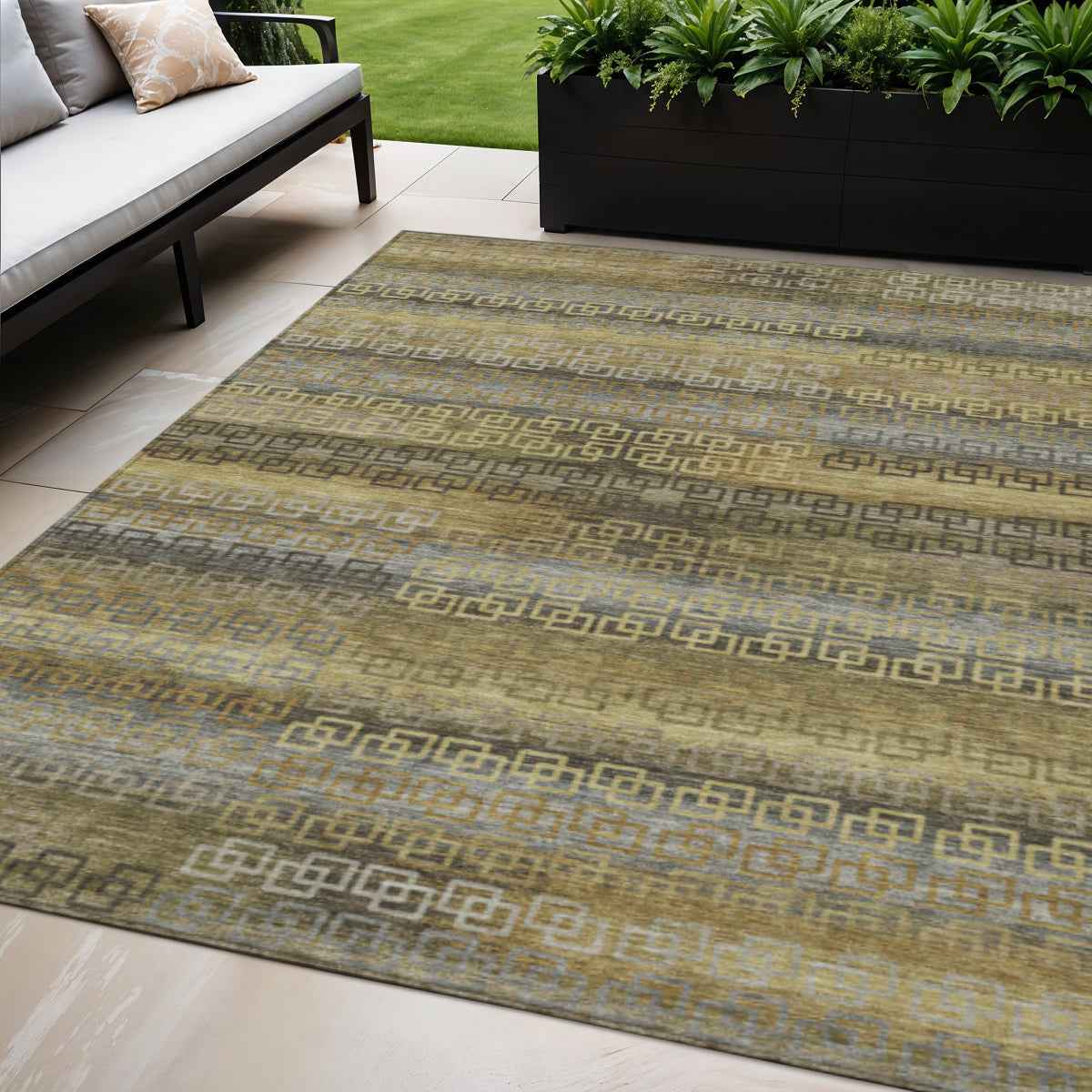 5' X 8' Wheat And Brown Striped Washable Indoor Outdoor Area Rug
