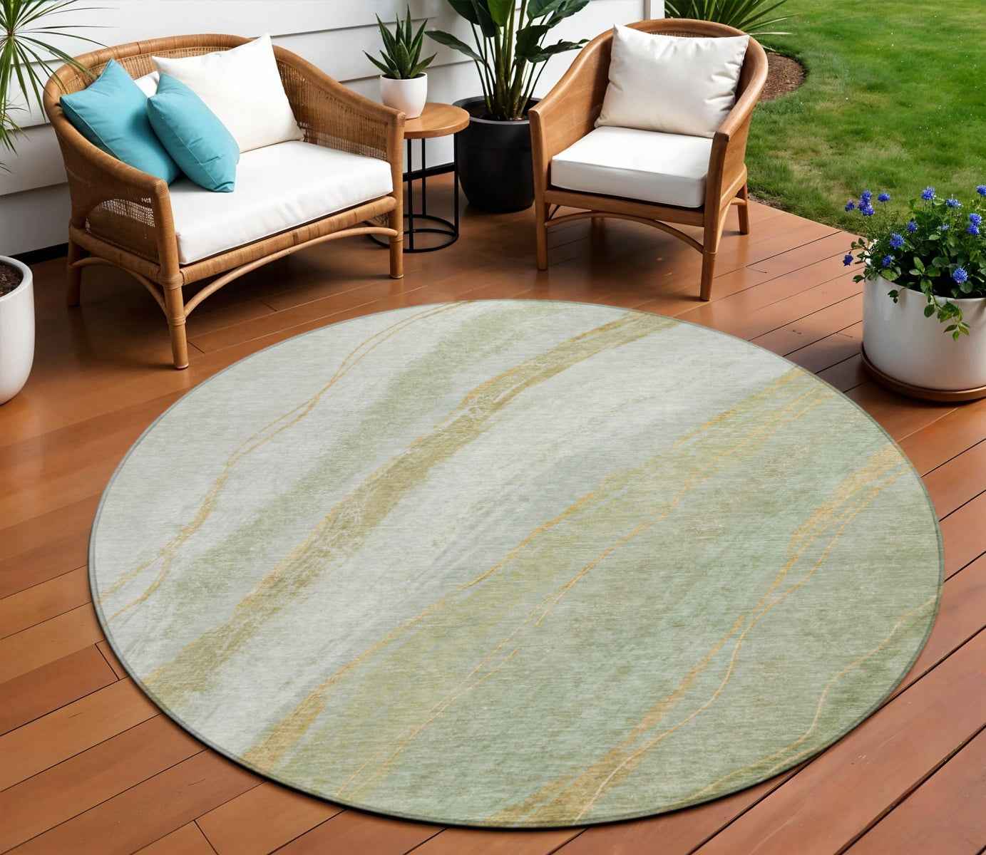8' Sage And Copper Round Abstract Washable Indoor Outdoor Area Rug