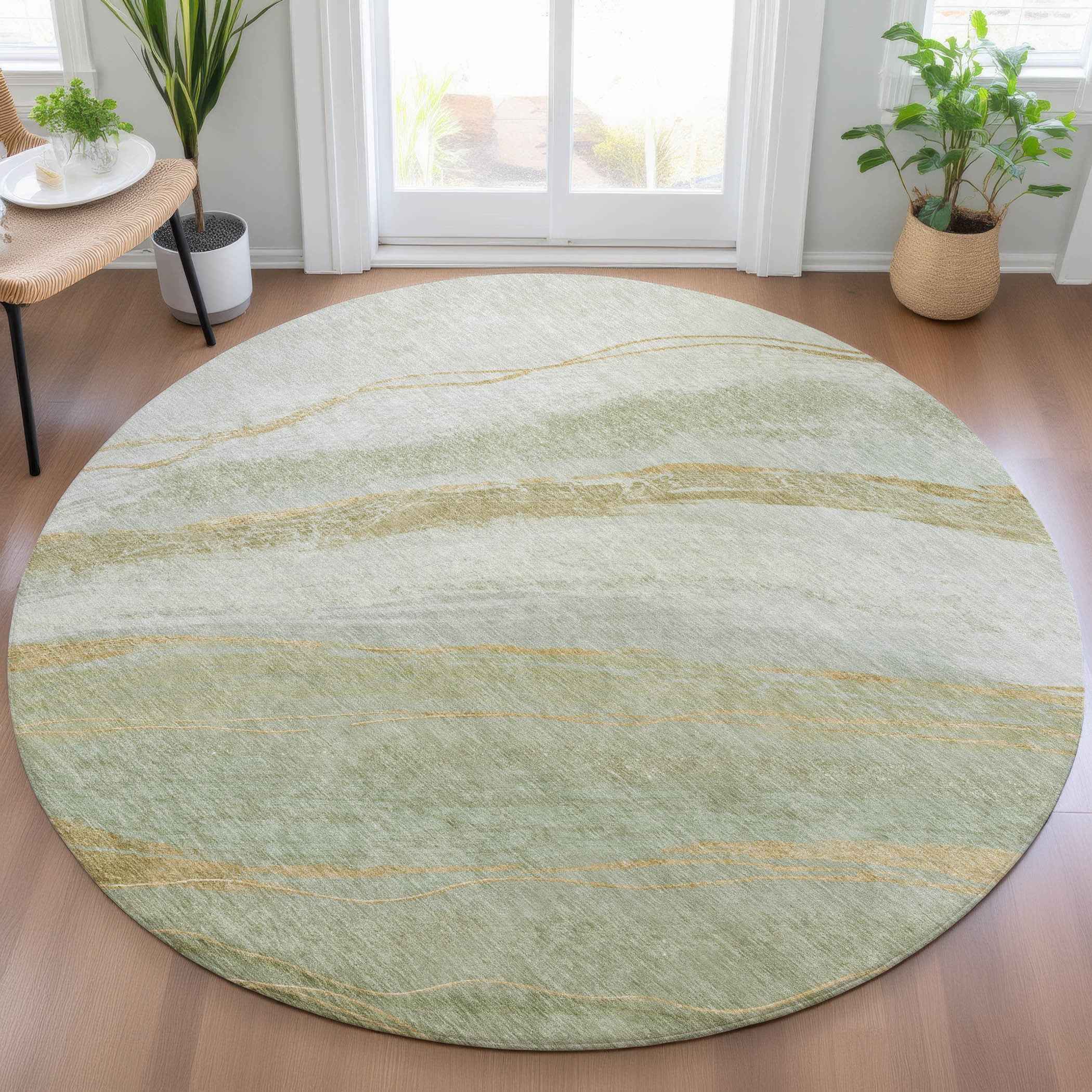 8' Sage And Copper Round Abstract Washable Indoor Outdoor Area Rug
