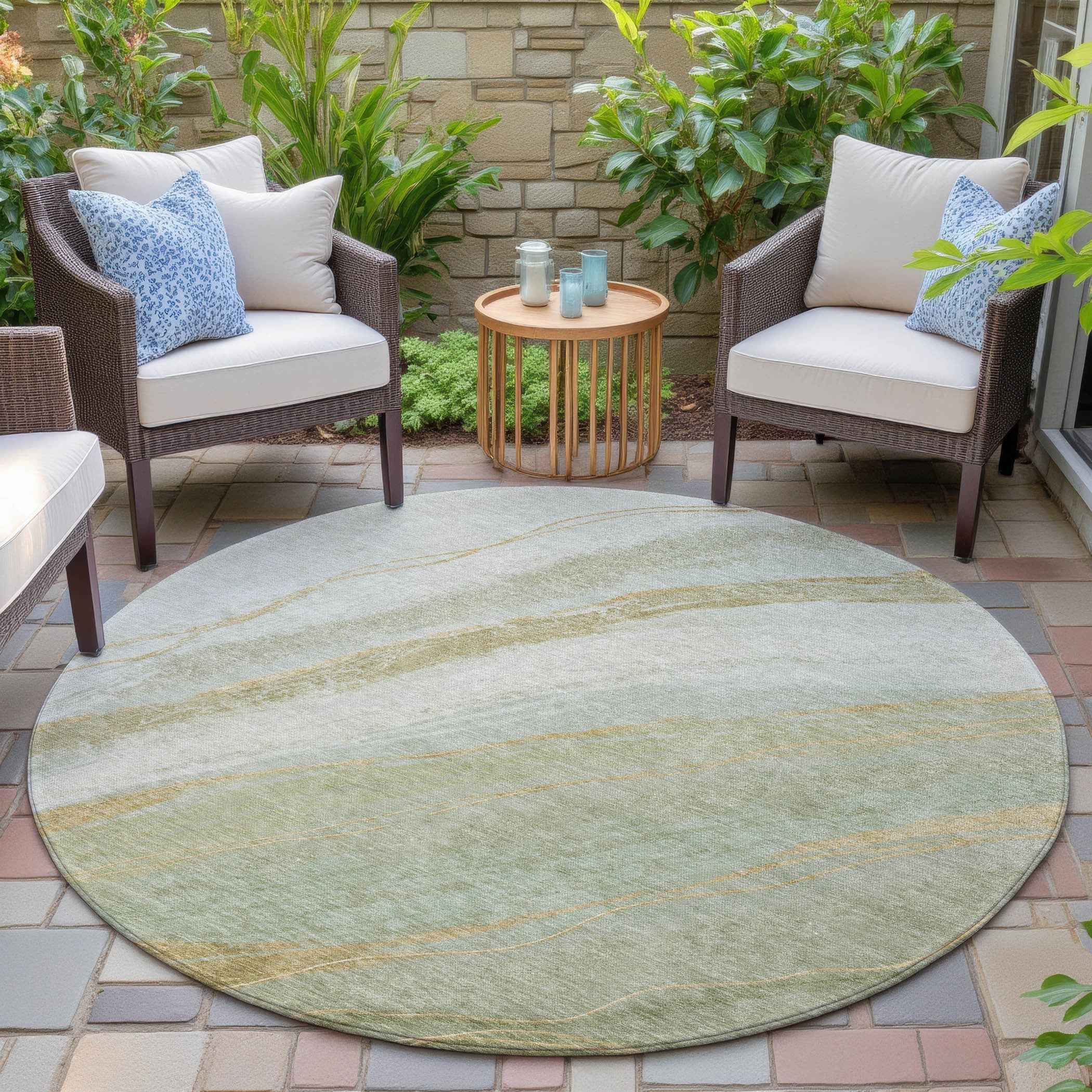 8' Sage And Copper Round Abstract Washable Indoor Outdoor Area Rug