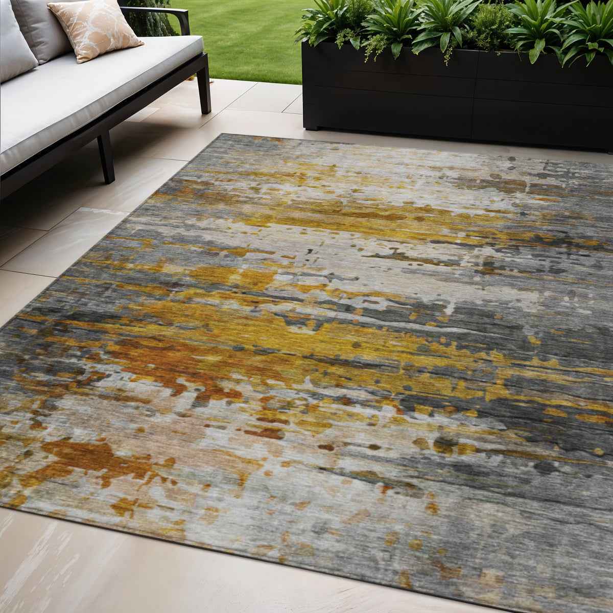 5' X 8' Copper And Gray Abstract Washable Indoor Outdoor Area Rug