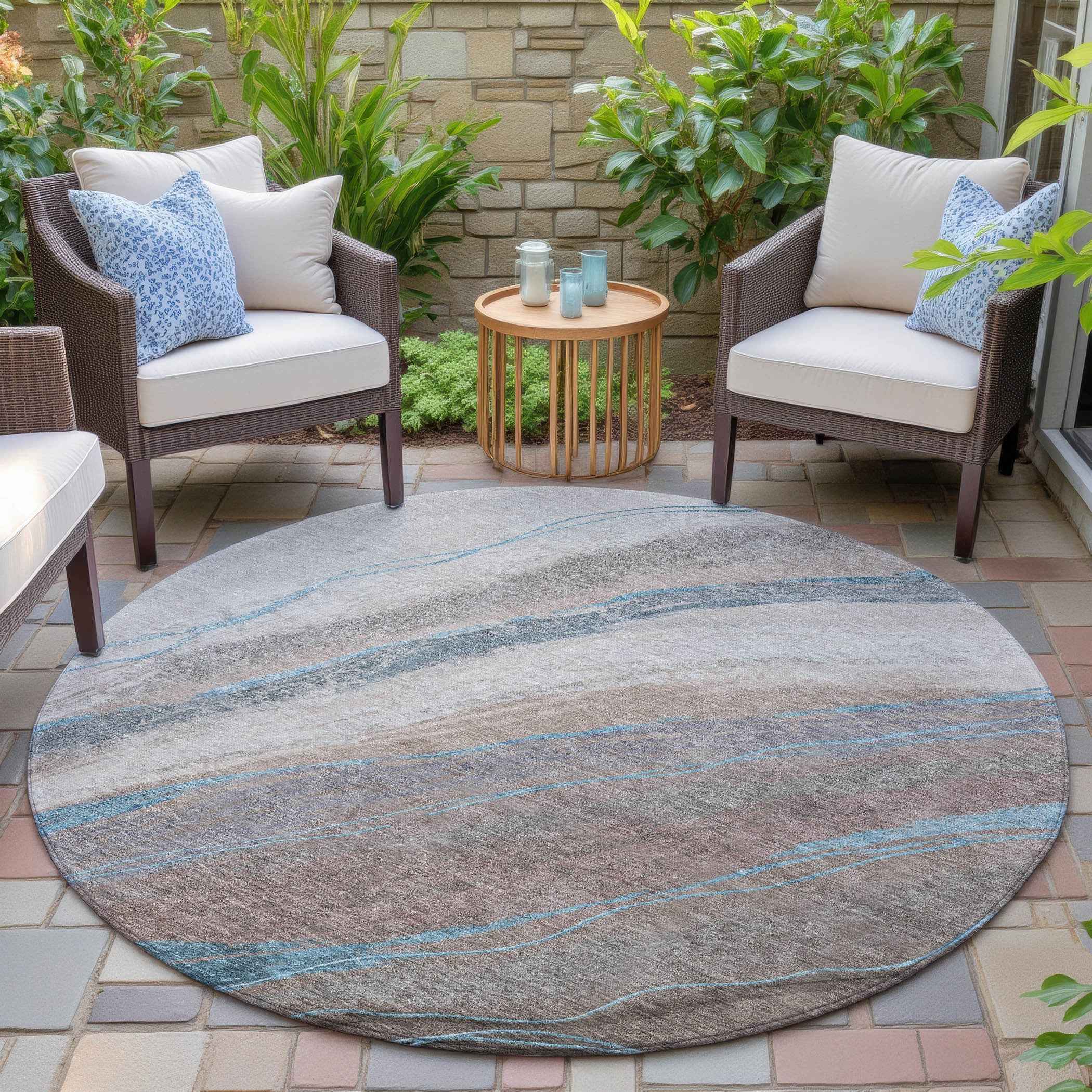 8' Brown And Teal Blue Round Abstract Washable Indoor Outdoor Area Rug