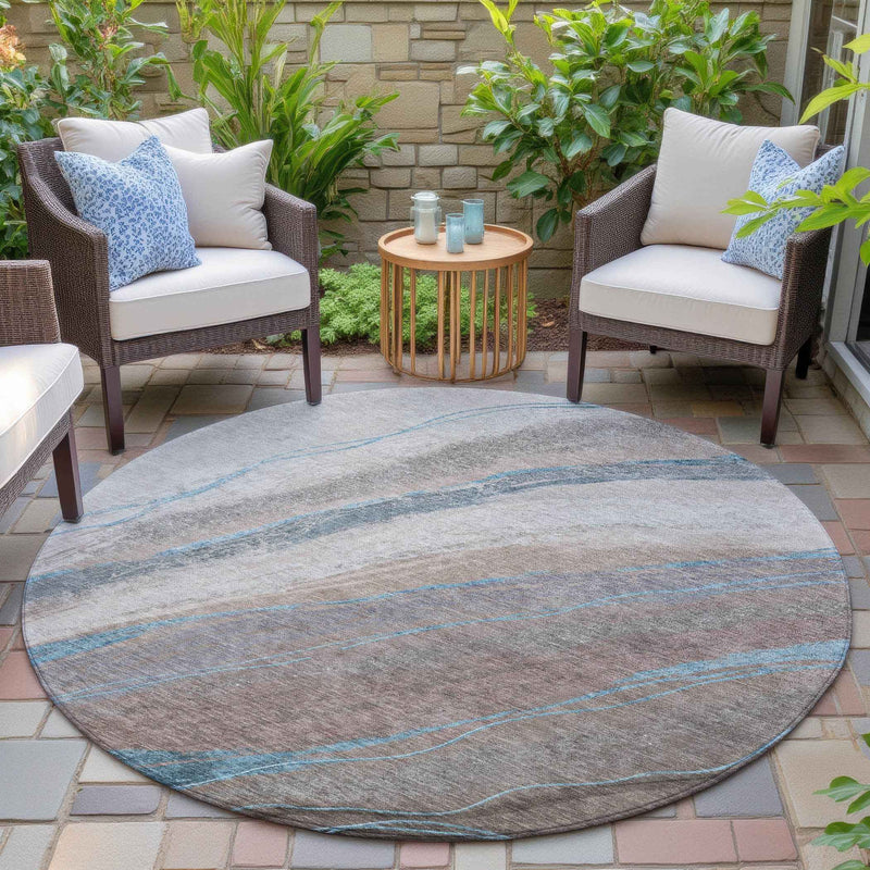8' Brown And Teal Blue Round Abstract Washable Indoor Outdoor Area Rug