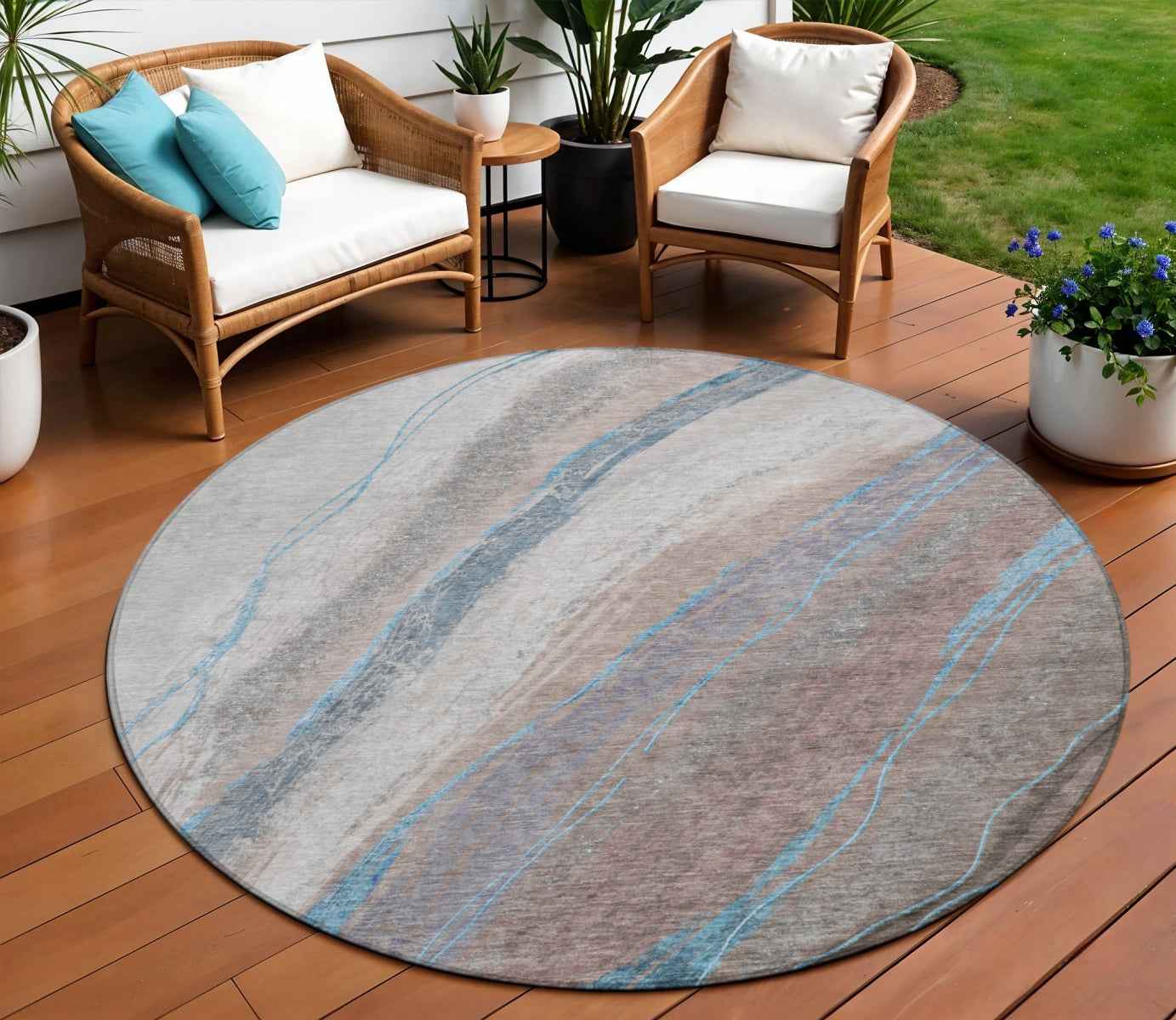 8' Brown And Teal Blue Round Abstract Washable Indoor Outdoor Area Rug