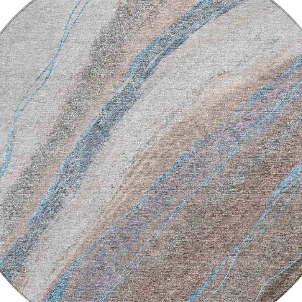 8' Brown And Teal Blue Round Abstract Washable Indoor Outdoor Area Rug
