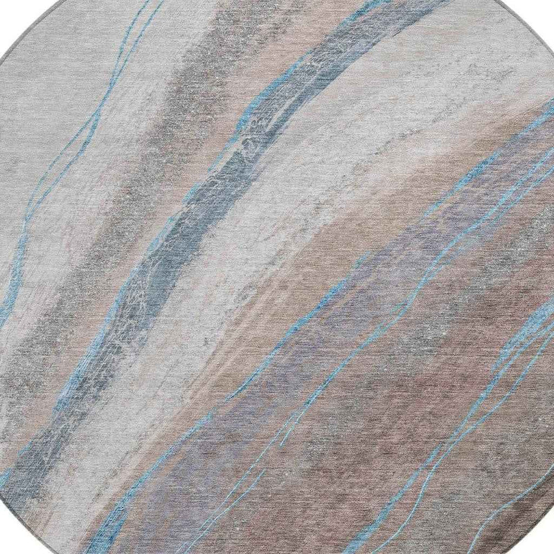 8' Brown And Teal Blue Round Abstract Washable Indoor Outdoor Area Rug