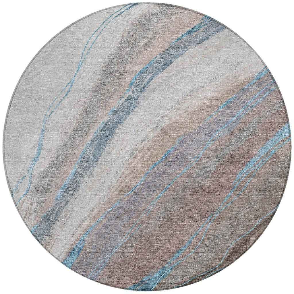 8' Brown And Teal Blue Round Abstract Washable Indoor Outdoor Area Rug