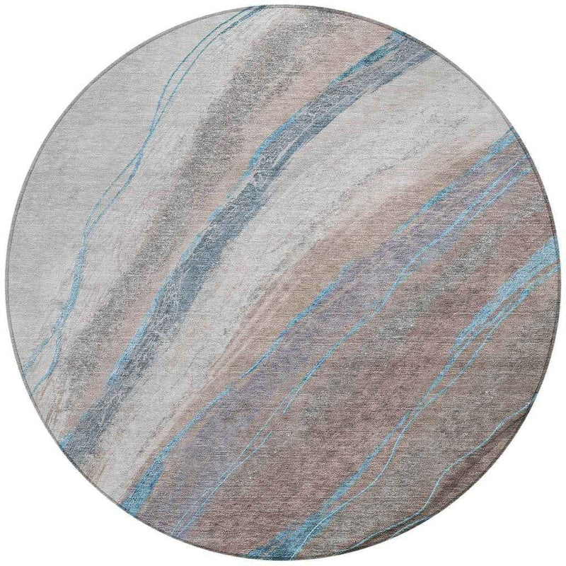 8' Brown And Teal Blue Round Abstract Washable Indoor Outdoor Area Rug