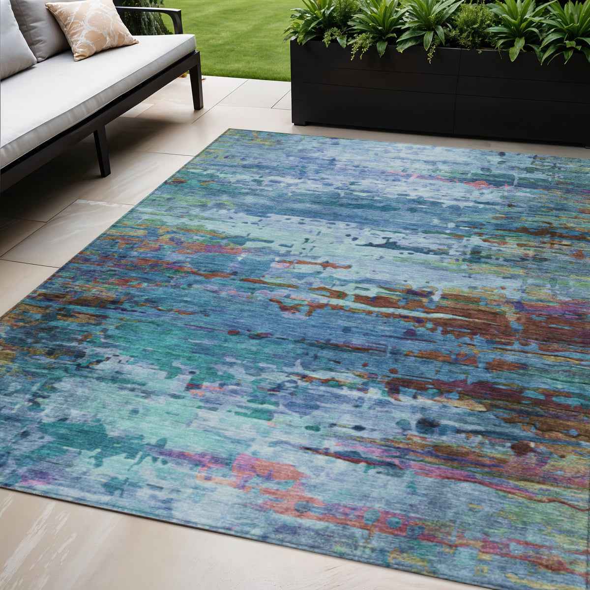 5' X 8' Blue Brown And Purple Abstract Washable Indoor Outdoor Area Rug