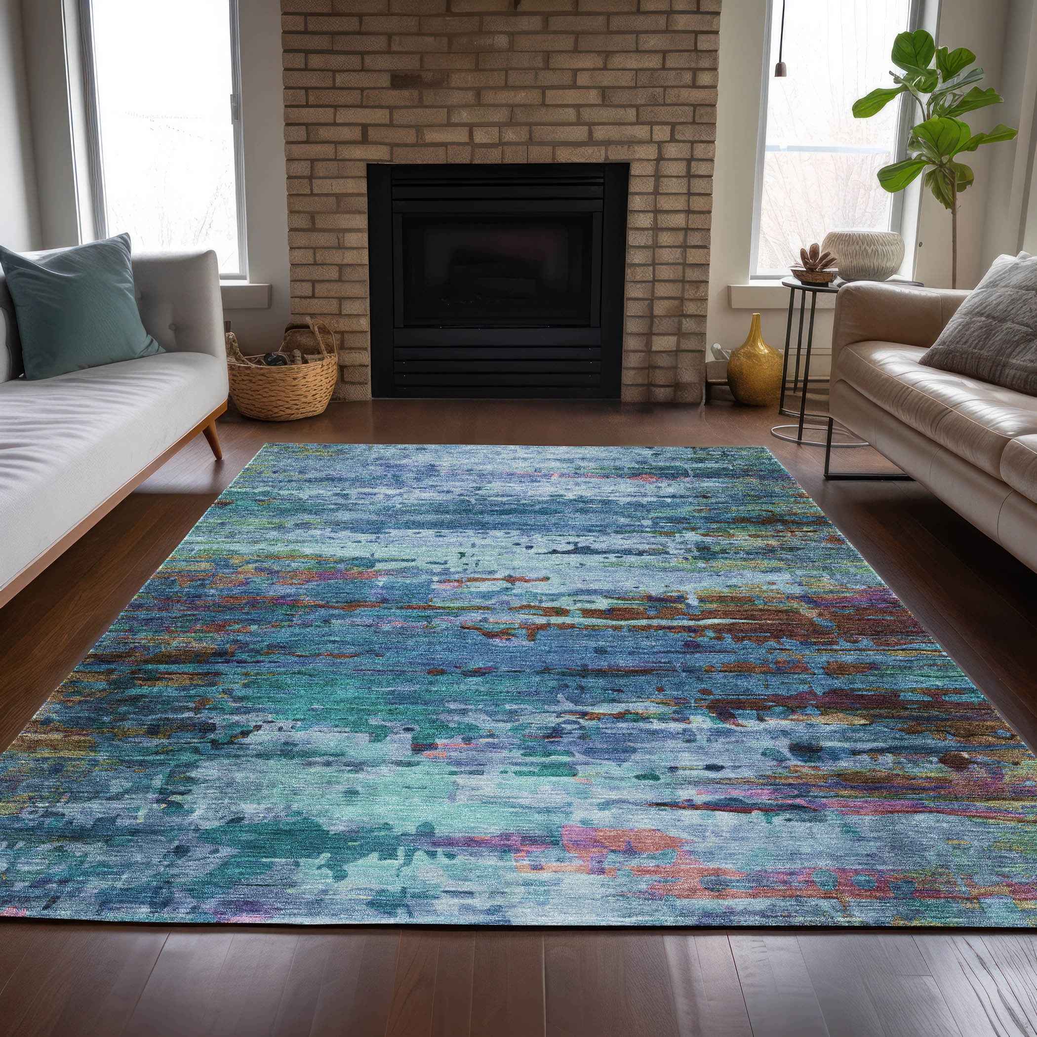 5' X 8' Blue Brown And Purple Abstract Washable Indoor Outdoor Area Rug