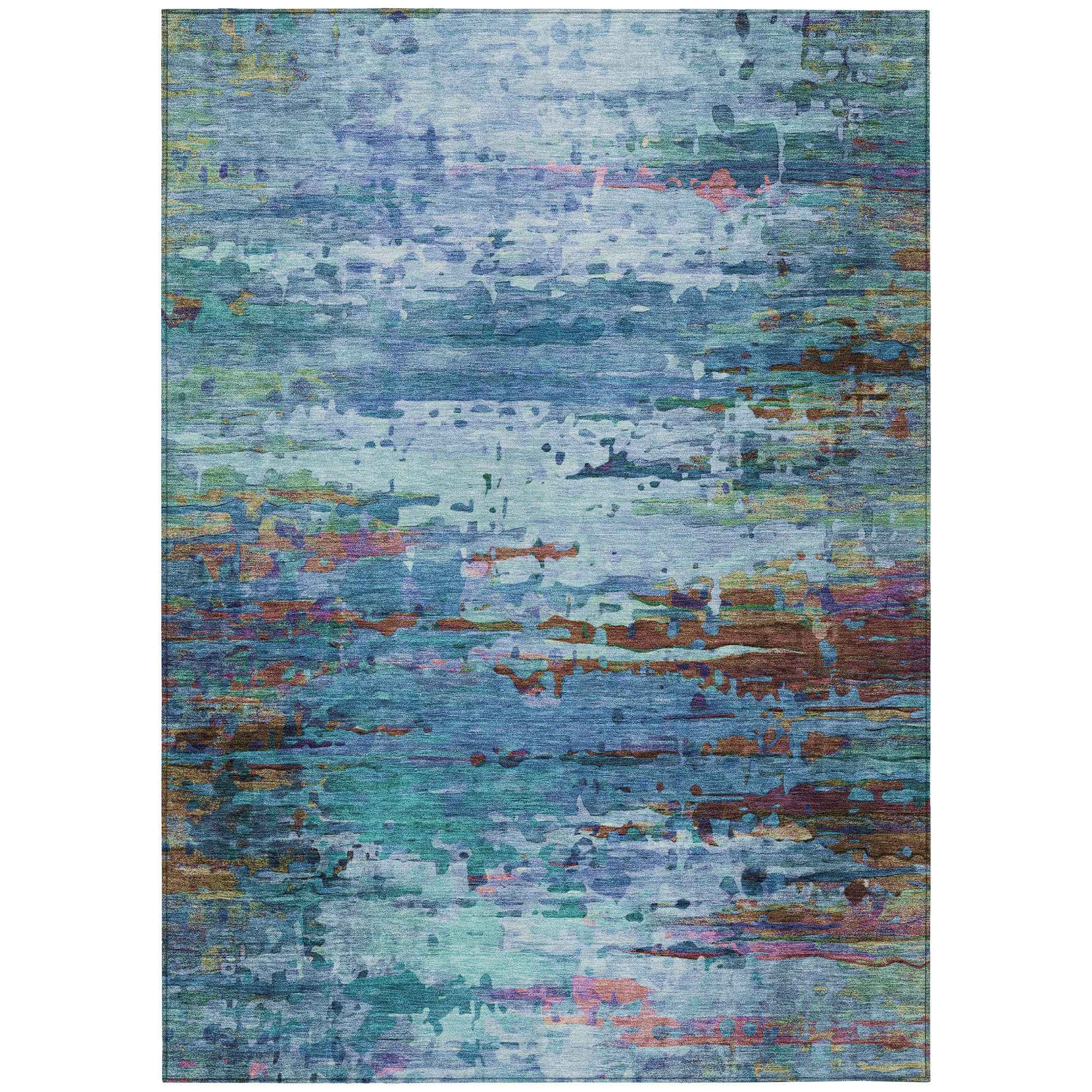 5' X 8' Blue Brown And Purple Abstract Washable Indoor Outdoor Area Rug
