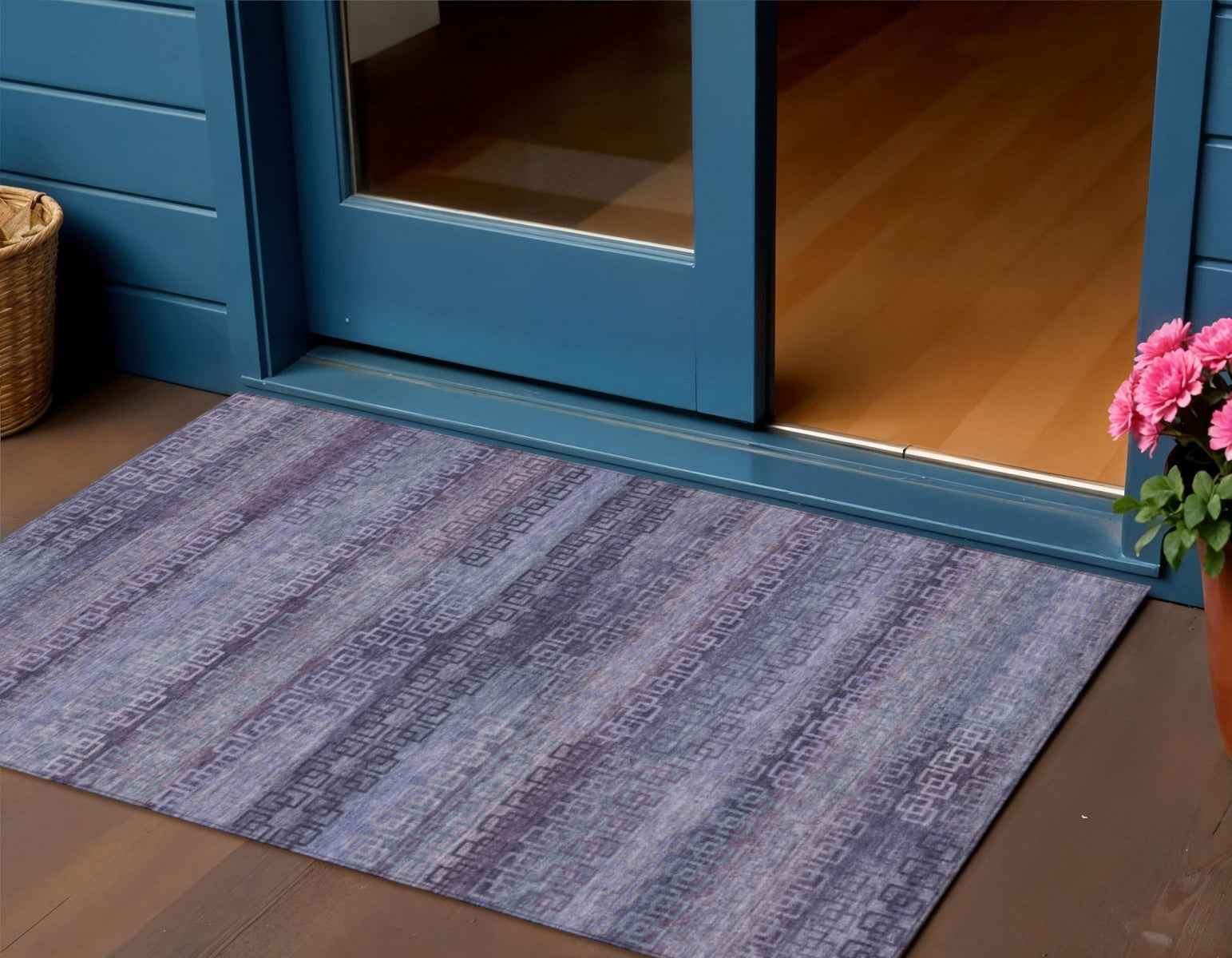 3' X 5' Plum And Lavender Striped Washable Indoor Outdoor Area Rug