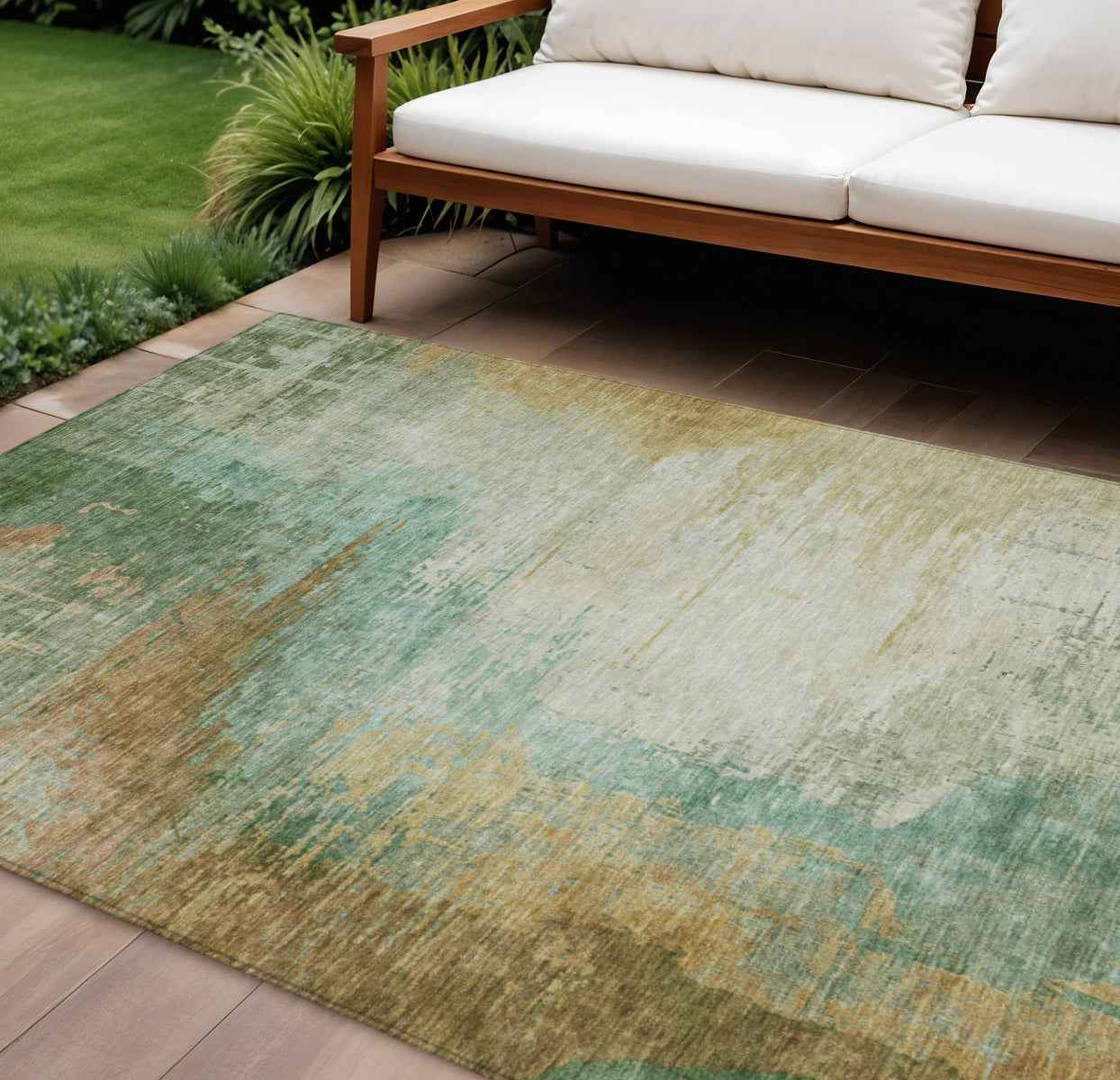 9' X 12' Artichoke Green Brown And Beige Abstract Washable Indoor Outdoor Area Rug