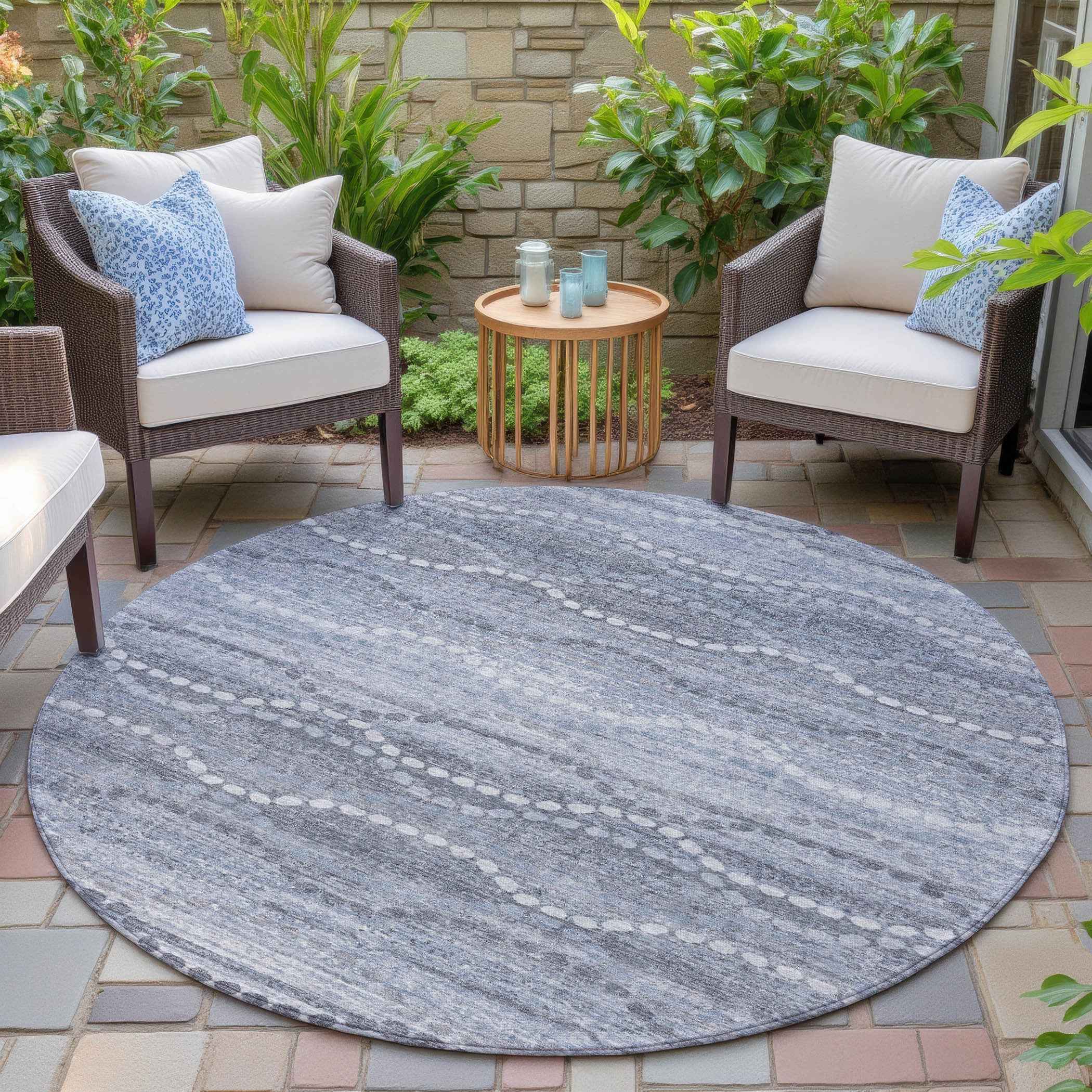 8' Blue And Ivory Round Ogee Washable Indoor Outdoor Area Rug