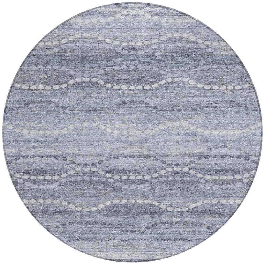 8' Blue And Ivory Round Ogee Washable Indoor Outdoor Area Rug