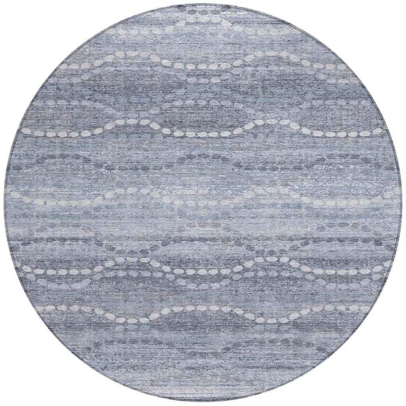 8' Blue And Ivory Round Ogee Washable Indoor Outdoor Area Rug