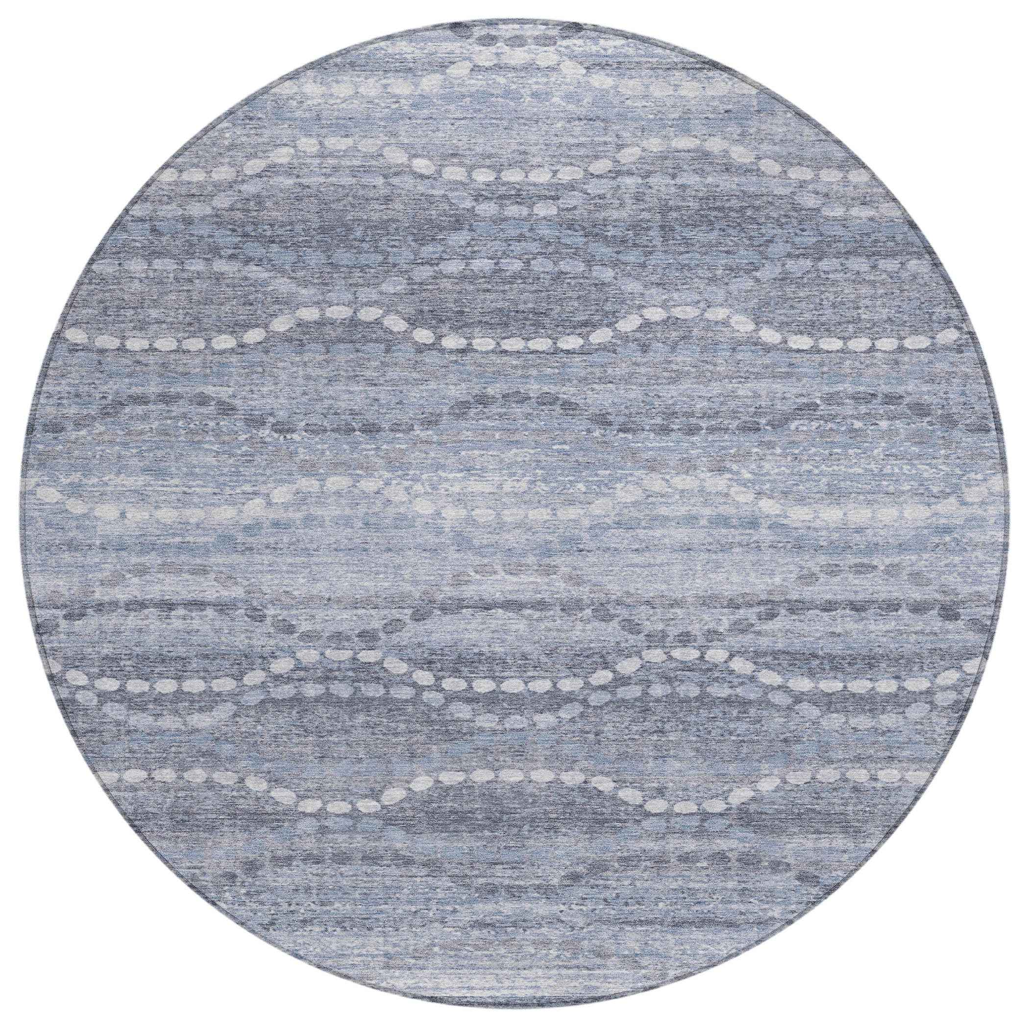 8' Blue And Ivory Round Ogee Washable Indoor Outdoor Area Rug