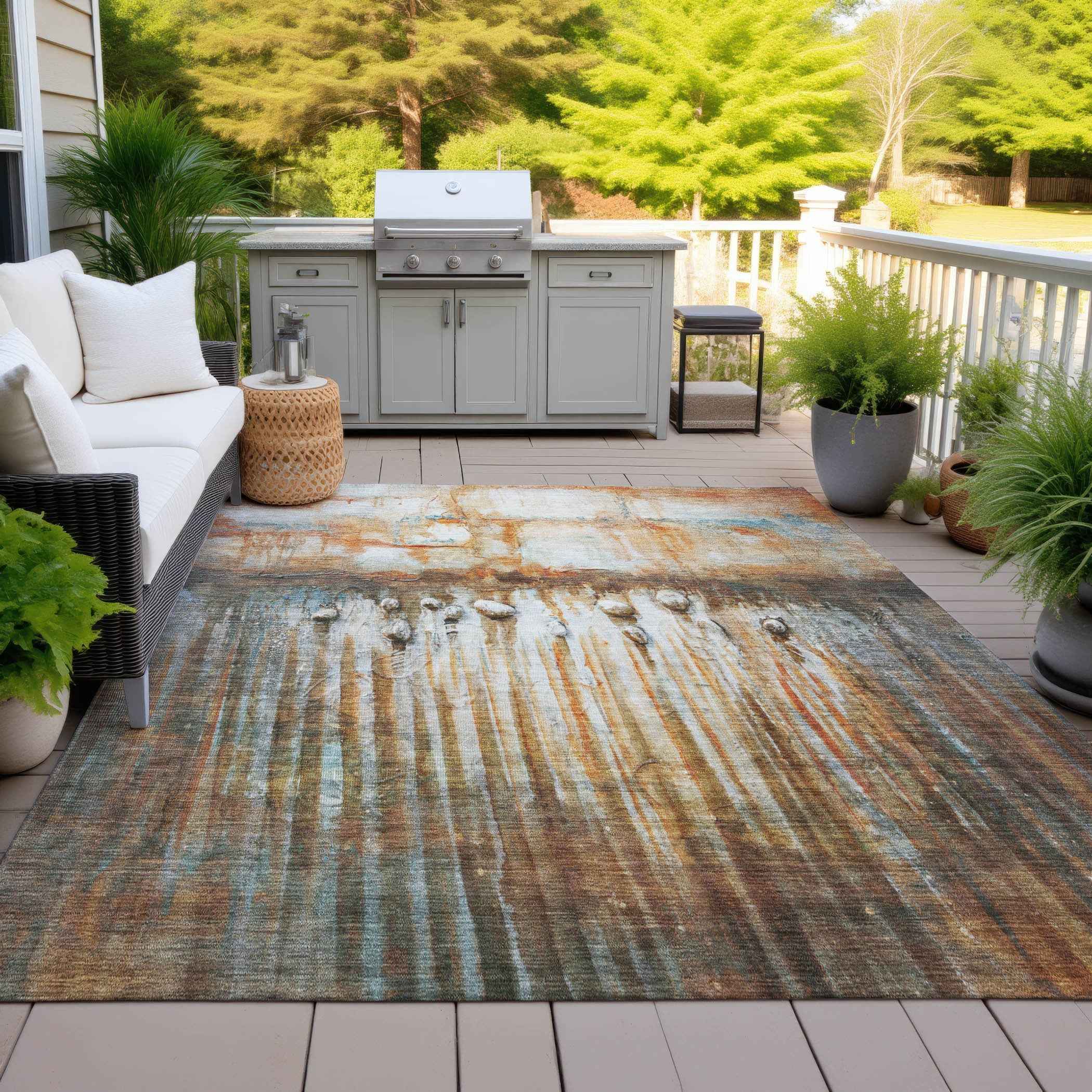 8' X 10' Rust Gray And Blue Abstract Washable Indoor Outdoor Area Rug