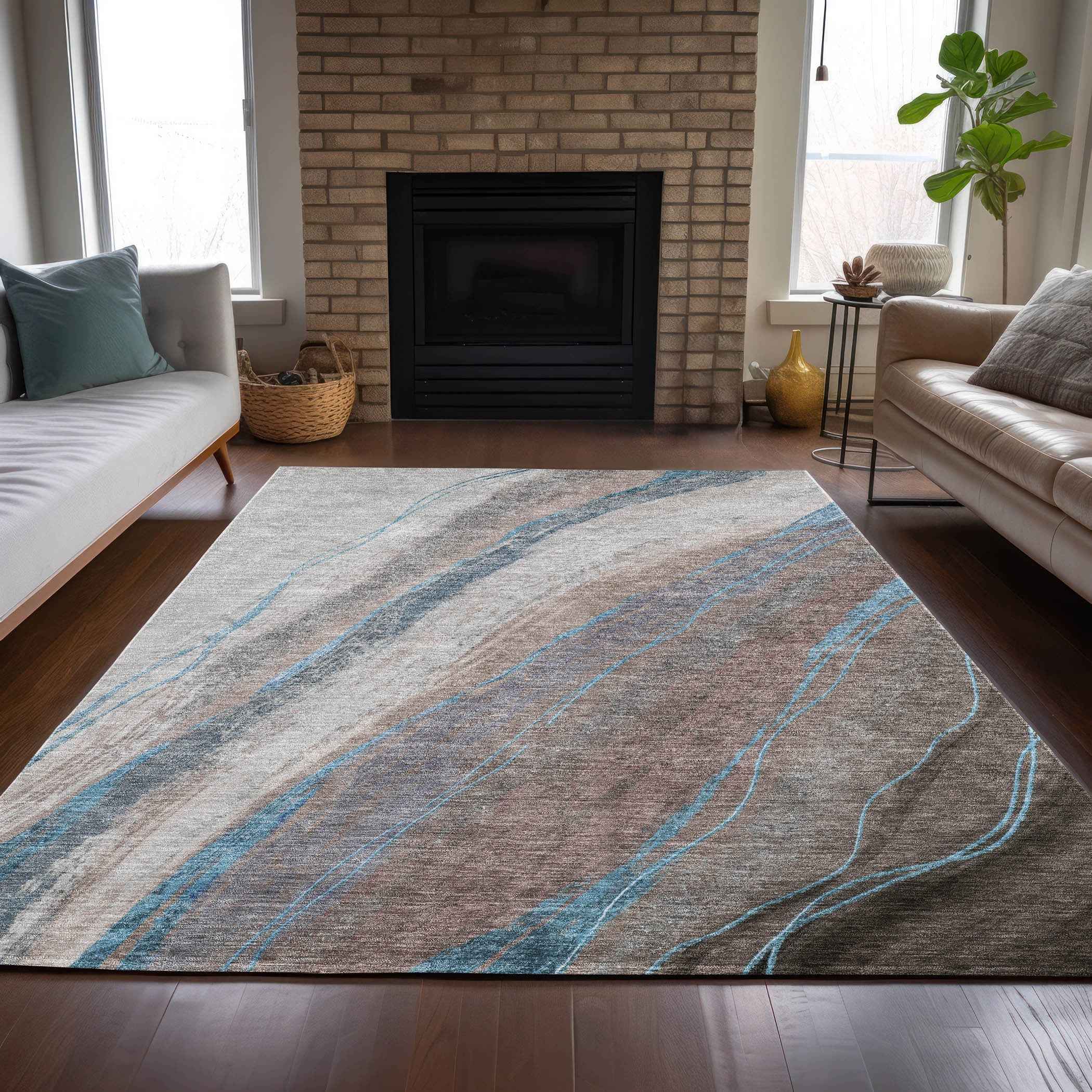 3' X 5' Brown And Teal Blue Abstract Washable Indoor Outdoor Area Rug