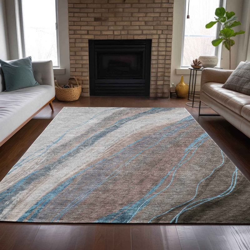 3' X 5' Brown And Teal Blue Abstract Washable Indoor Outdoor Area Rug