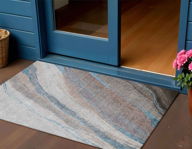 3' X 5' Brown And Teal Blue Abstract Washable Indoor Outdoor Area Rug