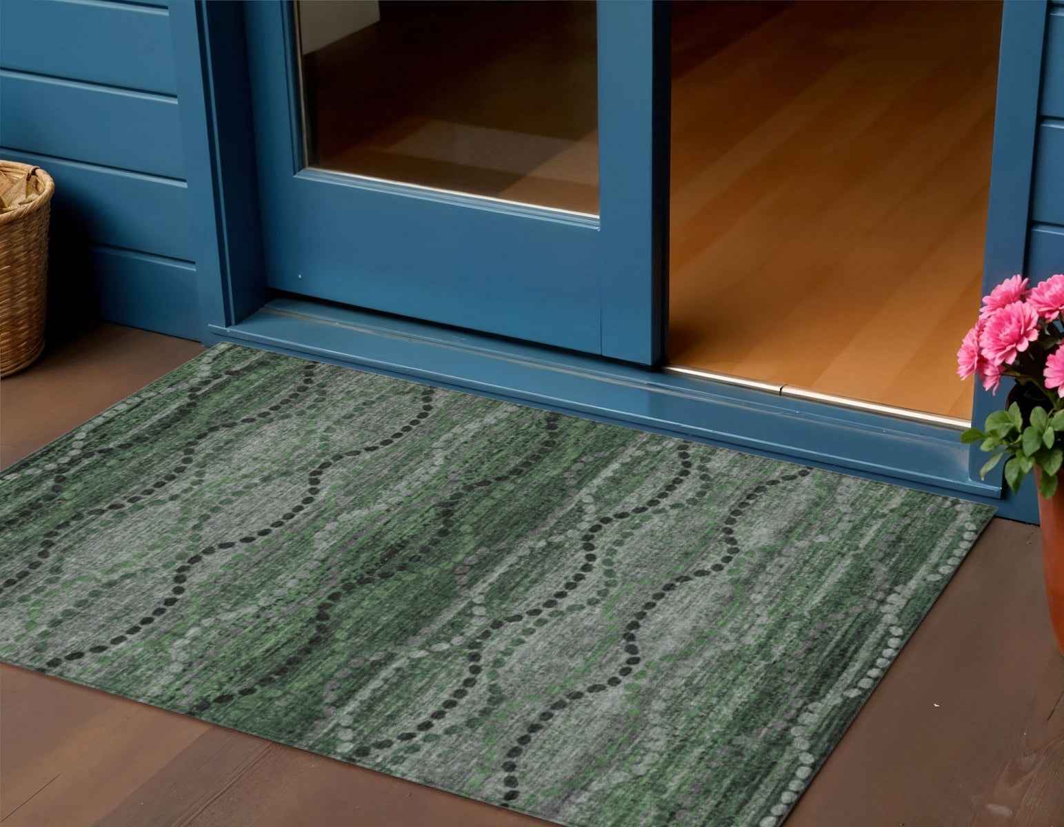 3' X 5' Olive Green And Gray Ogee Washable Indoor Outdoor Area Rug