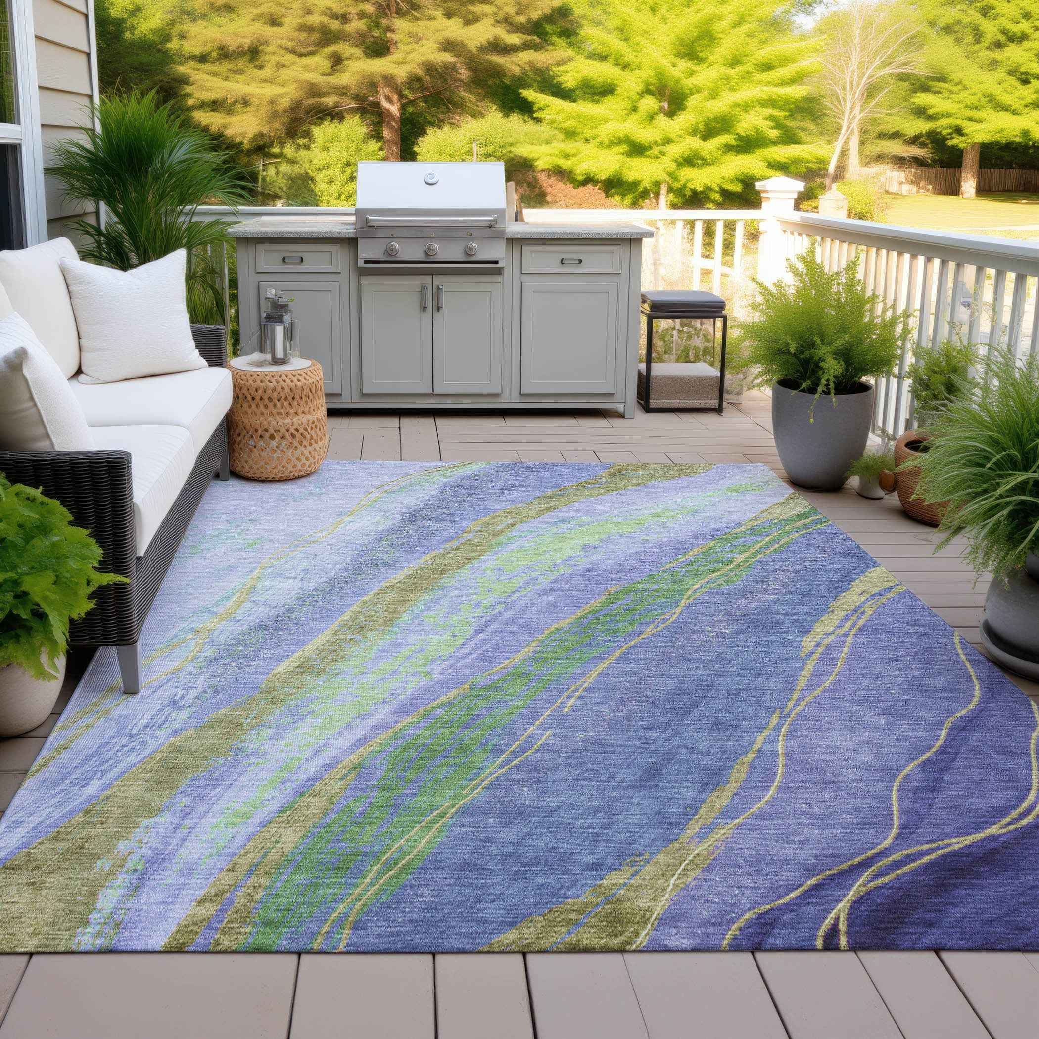 5' X 8' Purple Green And Gold Abstract Washable Indoor Outdoor Area Rug