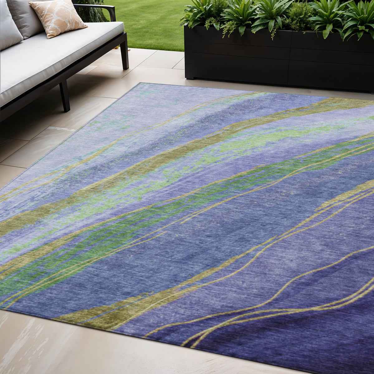 5' X 8' Purple Green And Gold Abstract Washable Indoor Outdoor Area Rug