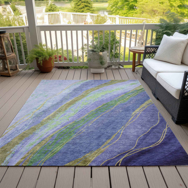 5' X 8' Purple Green And Gold Abstract Washable Indoor Outdoor Area Rug
